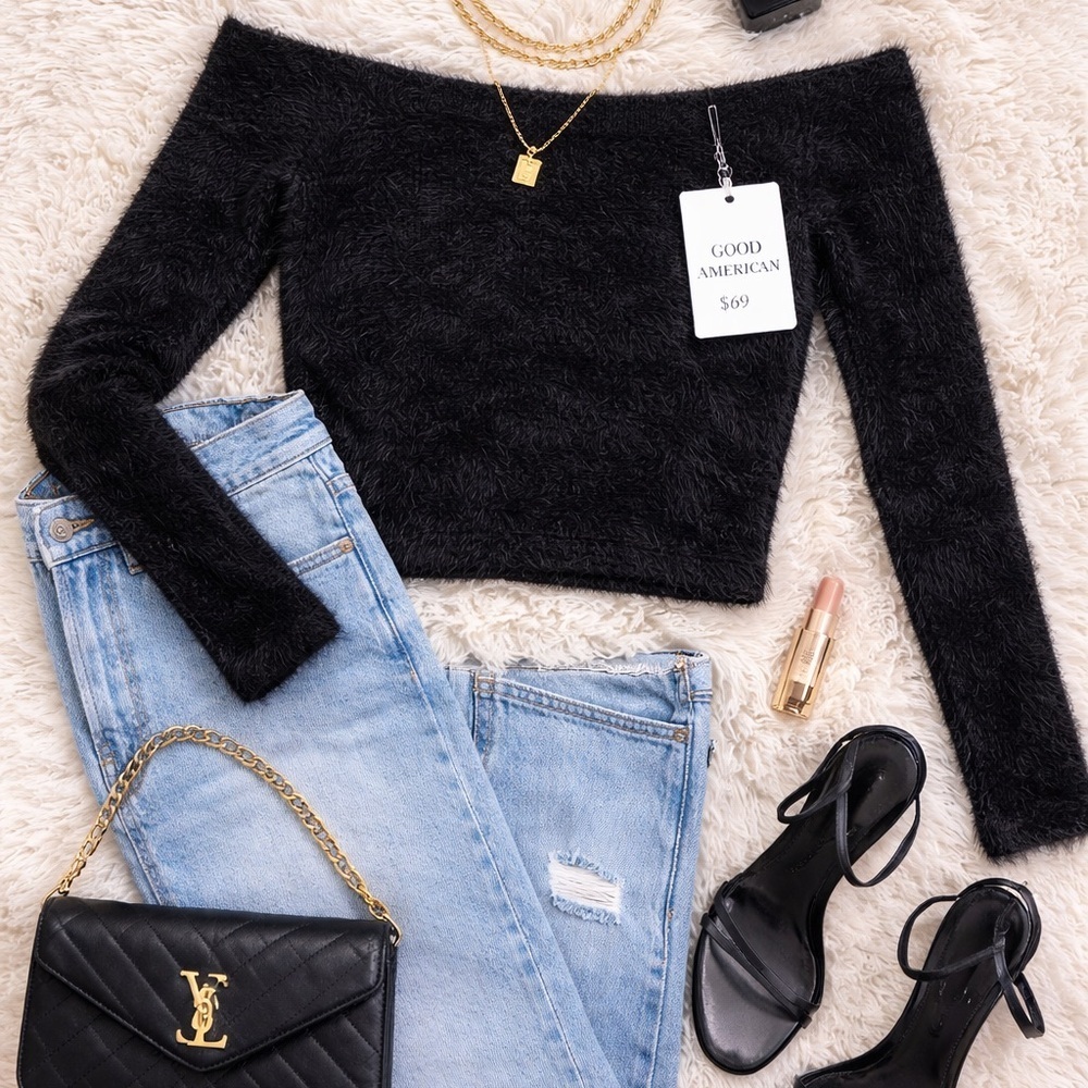 Good American Black Fuzzy Off Shoulder Crop Sweater XS NWT Fall Date Night